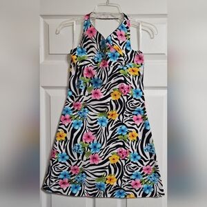 Girls Zebra-Print Floral Halter Sundress with Pink, Blue & Yellow Flowers